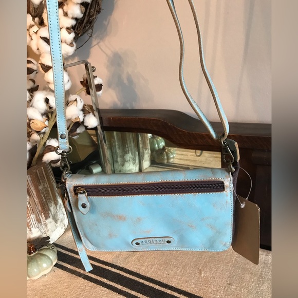NWT Bed Stu TEMPLETON II Crossbody Wallet Wristlet Baby Blue Oats Rustic $185 - Picture 6 of 16